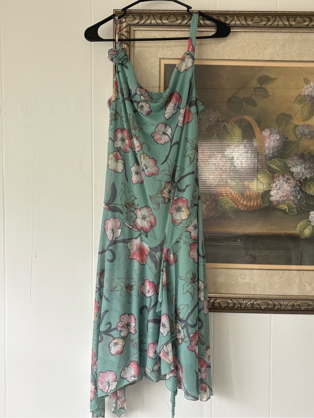 le chateau Mint Green Floral Asymmetrical Slip Dress with Pink Blooms